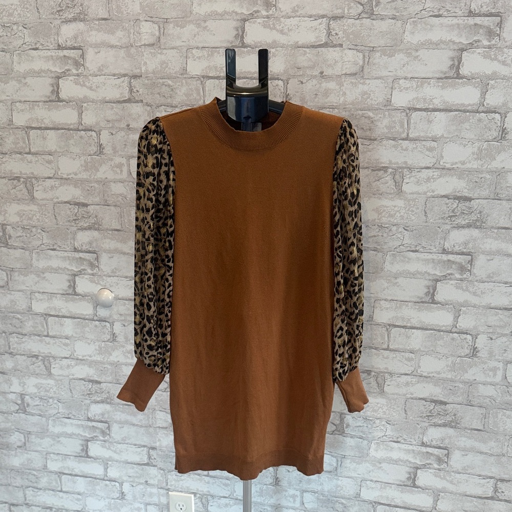 Hailey & Co Brown Sweater Dress with Leopard Print Sleeves